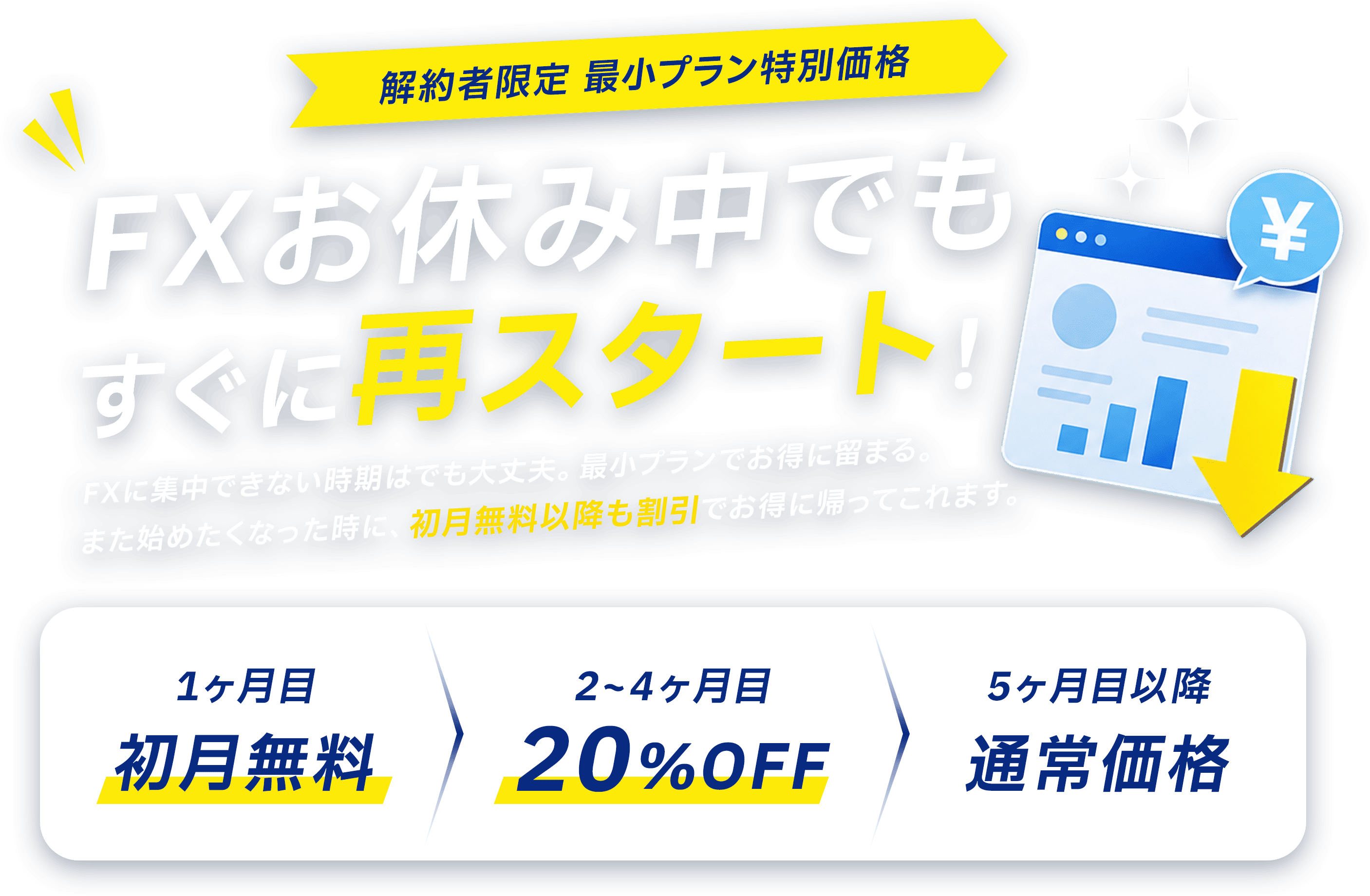解約者限定 プランダウン特別割引 更新の負担、軽くできます！1ヶ月目 初月無料／2〜4ヶ月目 20%OFF／5ヶ月目以降 通常価格