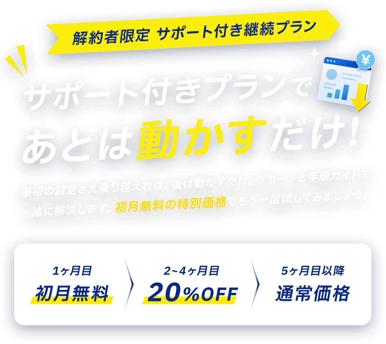 解約者限定 プランダウン特別割引 更新の負担、軽くできます！1ヶ月目 初月無料／2〜4ヶ月目 20%OFF／5ヶ月目以降 通常価格