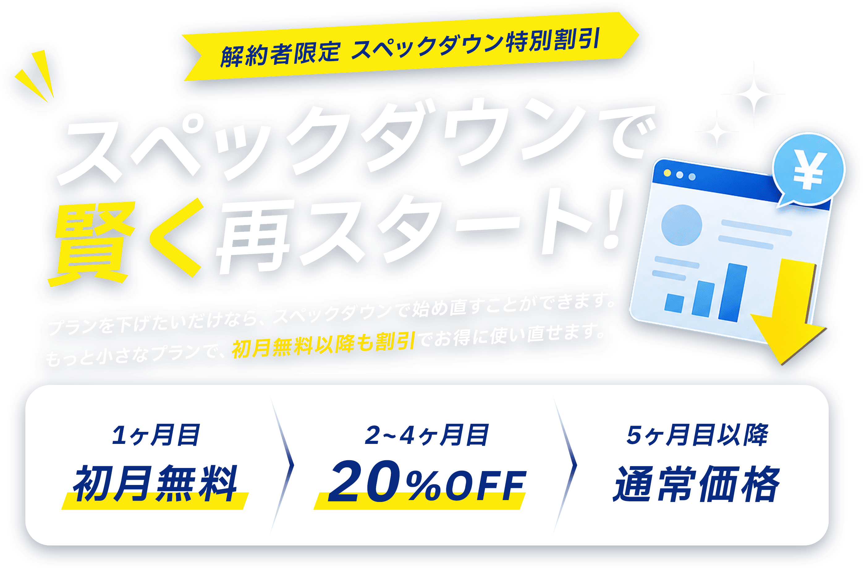 解約者限定 プランダウン特別割引 更新の負担、軽くできます！1ヶ月目 初月無料／2〜4ヶ月目 20%OFF／5ヶ月目以降 通常価格
