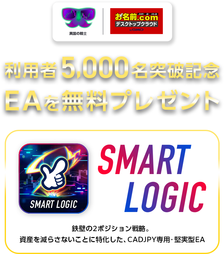 利用者5,000名突破記念 EAを無料プレゼント SMART LOGIC 鉄壁の2ポジション戦略。資産を減らさないことに特化した、CADJPY専用・堅実型EA
